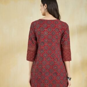 Maroon Cotton Ajrakh Printed Slim Fit Short Kurta