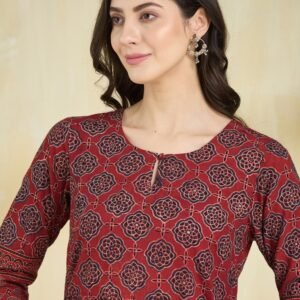 Maroon Cotton Ajrakh Printed Slim Fit Short Kurta