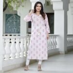 Pink Floral Printed Pure Cotton Long Kurti