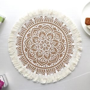 Round Linen Table Placemat Embroidery Tassels Printed Pad Coffee Cup Coaster Dish Mat