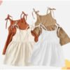 Fashion Girls Summer Solid Color Cotton Linen Side Pocket Halter Dress